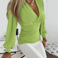 Plunge Neck Lantern Sleeve Ruched Long Sleeve Blouse Top