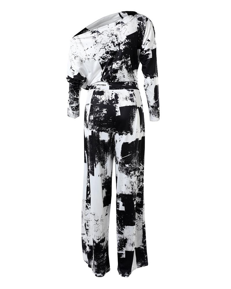 Tie Dye Print Cold Shoulder Slit Wide Leg Jumpsuit