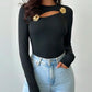 3D Flower Decor Long Sleeve Hollow Out T Shirt Casual Slim Fit Top