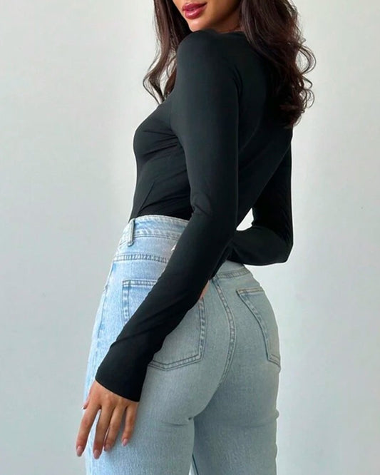 3D Flower Decor Long Sleeve Hollow Out T Shirt Casual Slim Fit Top