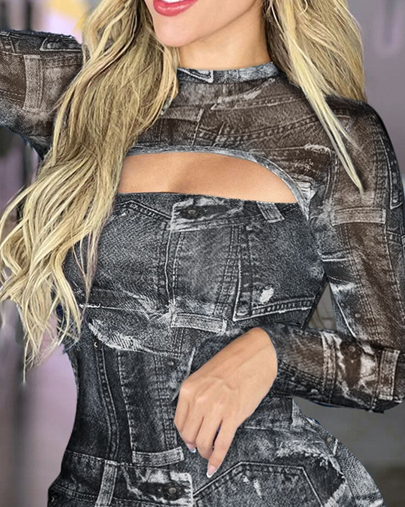 Denim Look Print Cutout Bodycon Dress