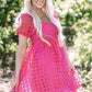 Strawberry Pink Checkered Puff Sleeve Babydoll Dress