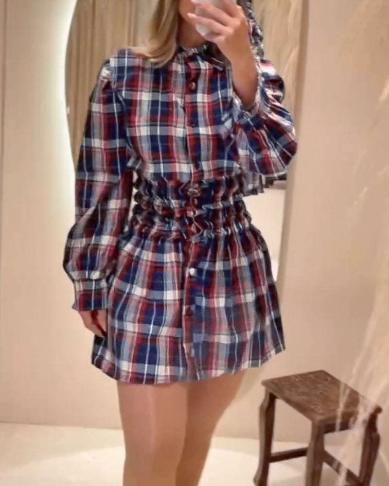 Plaid Print Turn down Collar Button Down Shirred Waist Shirt Dress Casual Waist Gathered A Line Dress