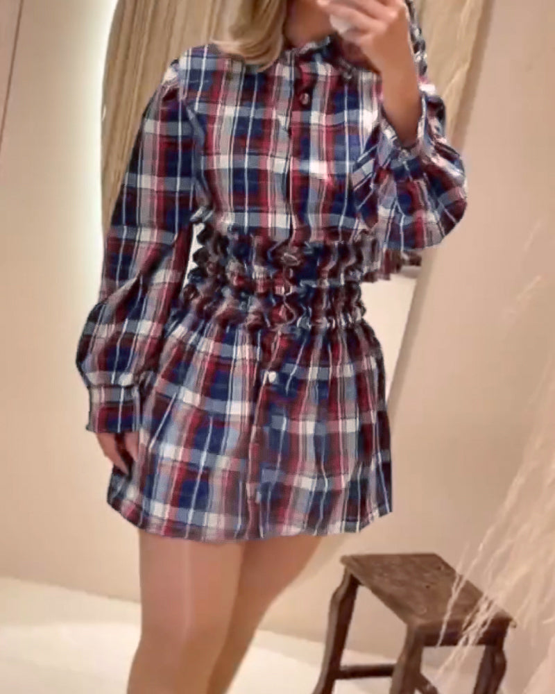 Plaid Print Turn down Collar Button Down Shirred Waist Shirt Dress Casual Waist Gathered A Line Dress