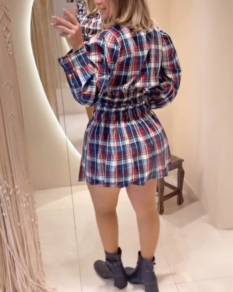 Plaid Print Turn down Collar Button Down Shirred Waist Shirt Dress Casual Waist Gathered A Line Dress