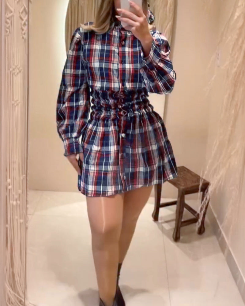 Plaid Print Turn down Collar Button Down Shirred Waist Shirt Dress Casual Waist Gathered A Line Dress