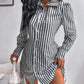 Striped Side Drawstring Buttoned Shirt Dress