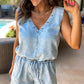 Beau Blue Studded V Neck Raw Hem Sleeveless Denim Romper