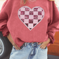 Strawberry Pink Checkerboard Heart Graphic Ribbed Valentines Sweatshirt