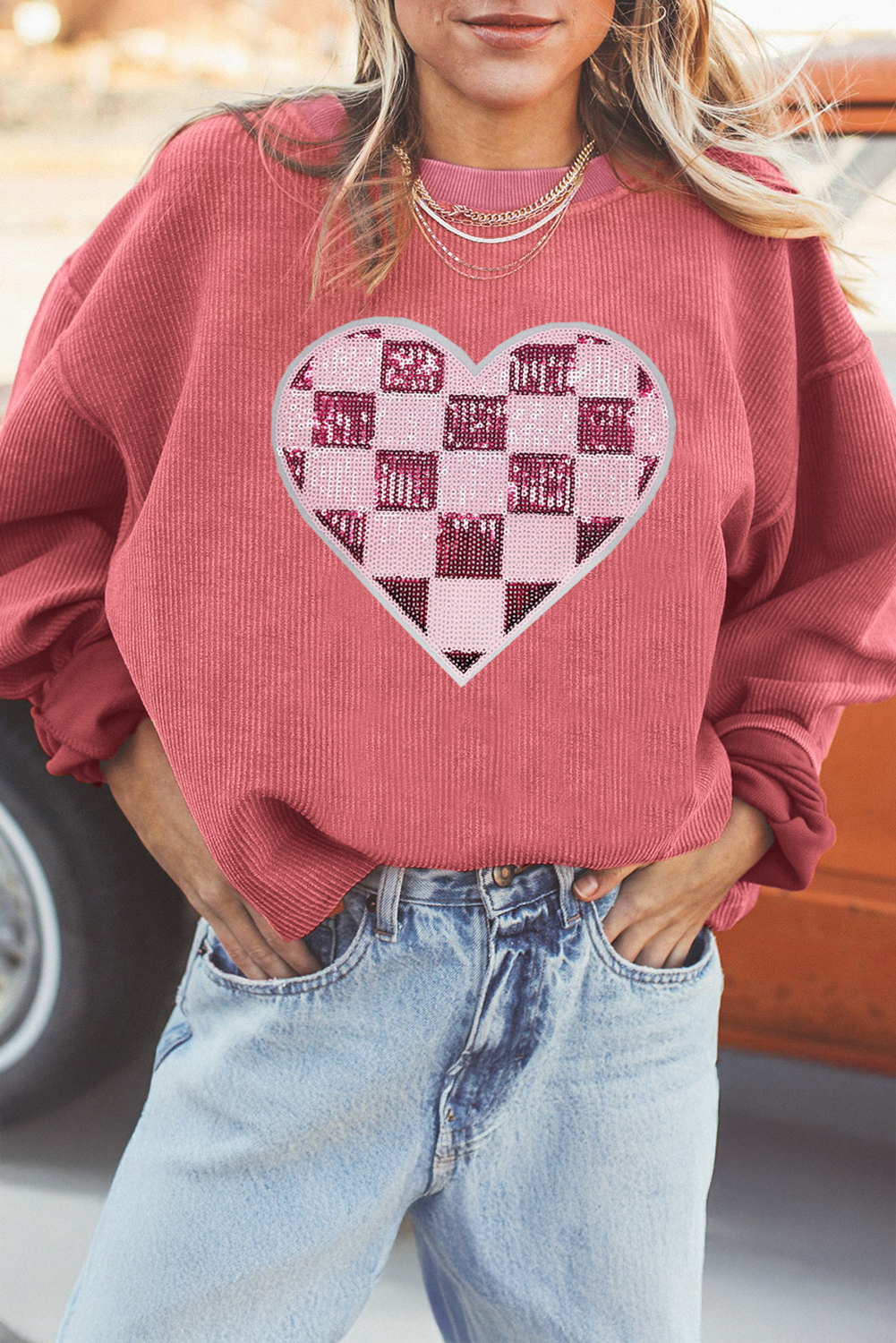 Strawberry Pink Checkerboard Heart Graphic Ribbed Valentines Sweatshirt