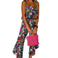 Red Mix Tropical Print Strapless Ruffled Jumpsuit