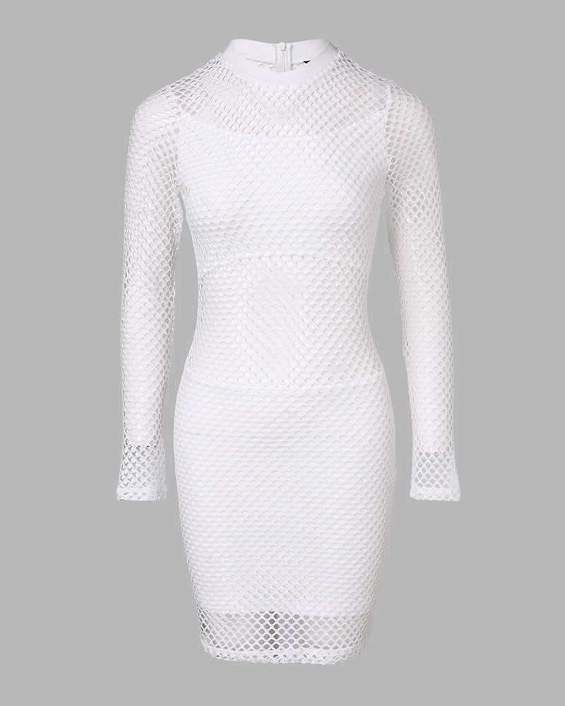 O neck Long Sleeve Fishnet Design Bodycon Dress