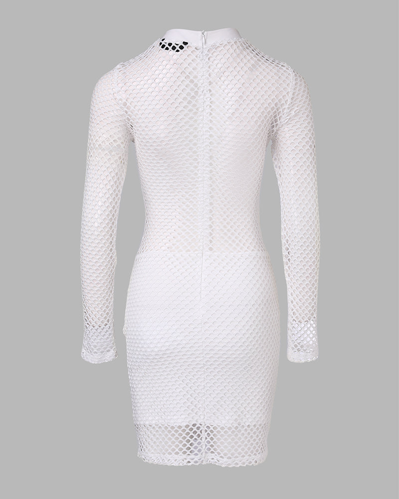O neck Long Sleeve Fishnet Design Bodycon Dress