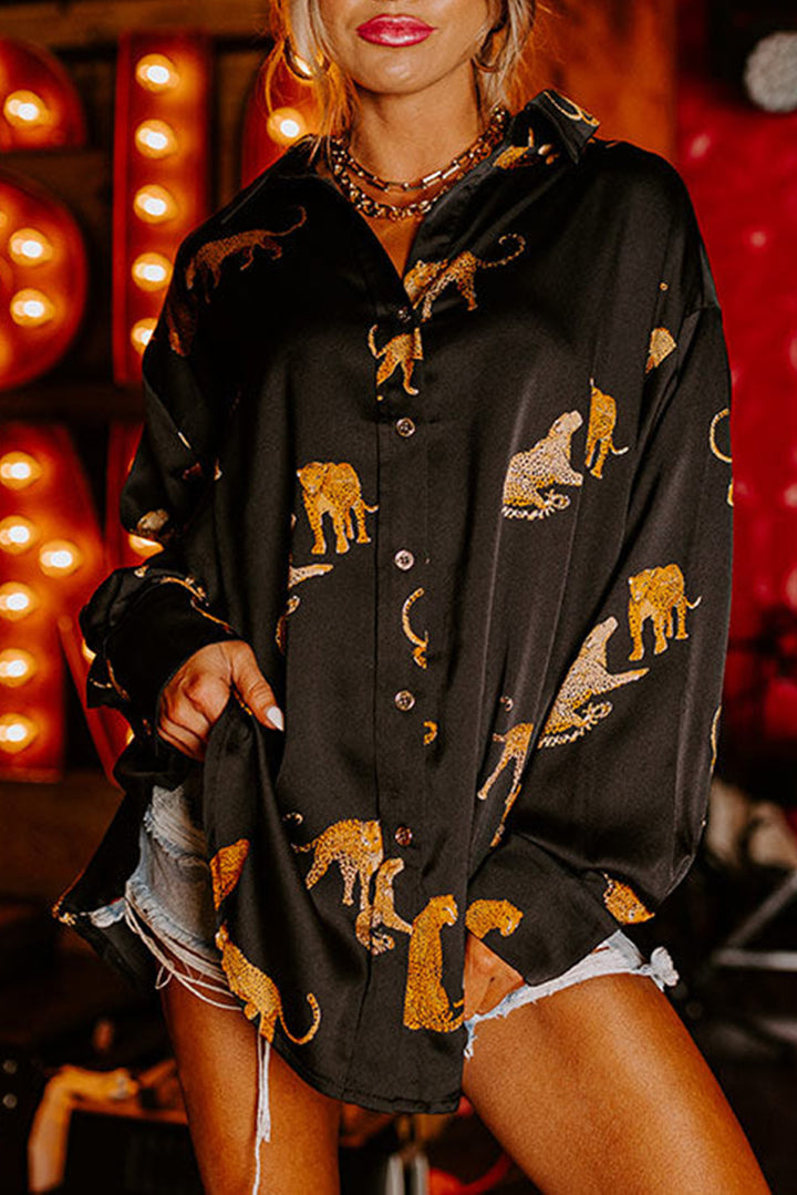 Black Cheetah Animal Print Button Up Satin Shirt