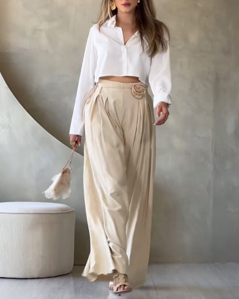 3D Flower Decor Ruched High Waist Wide Leg Pants