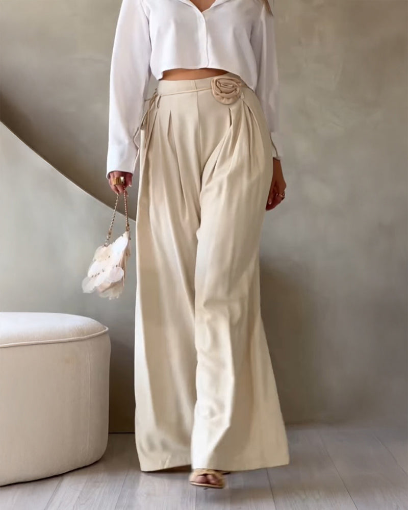 3D Flower Decor Ruched High Waist Wide Leg Pants