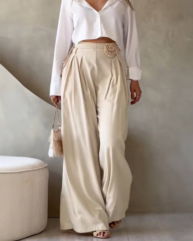 3D Flower Decor Ruched High Waist Wide Leg Pants