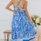 Blue Paisley V Neck Crisscross Backless Maxi Dress