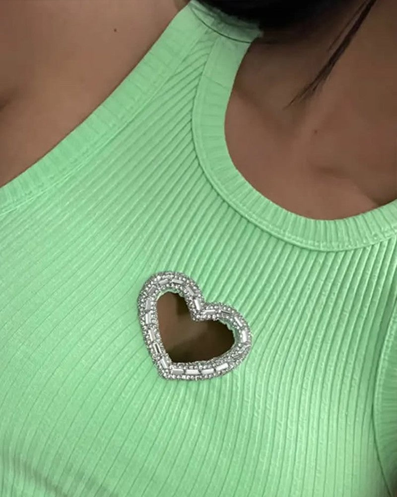 Rhinestone Heart Pattern Hollow out Sleeveless Tank Casual Slim Fit Knit Top