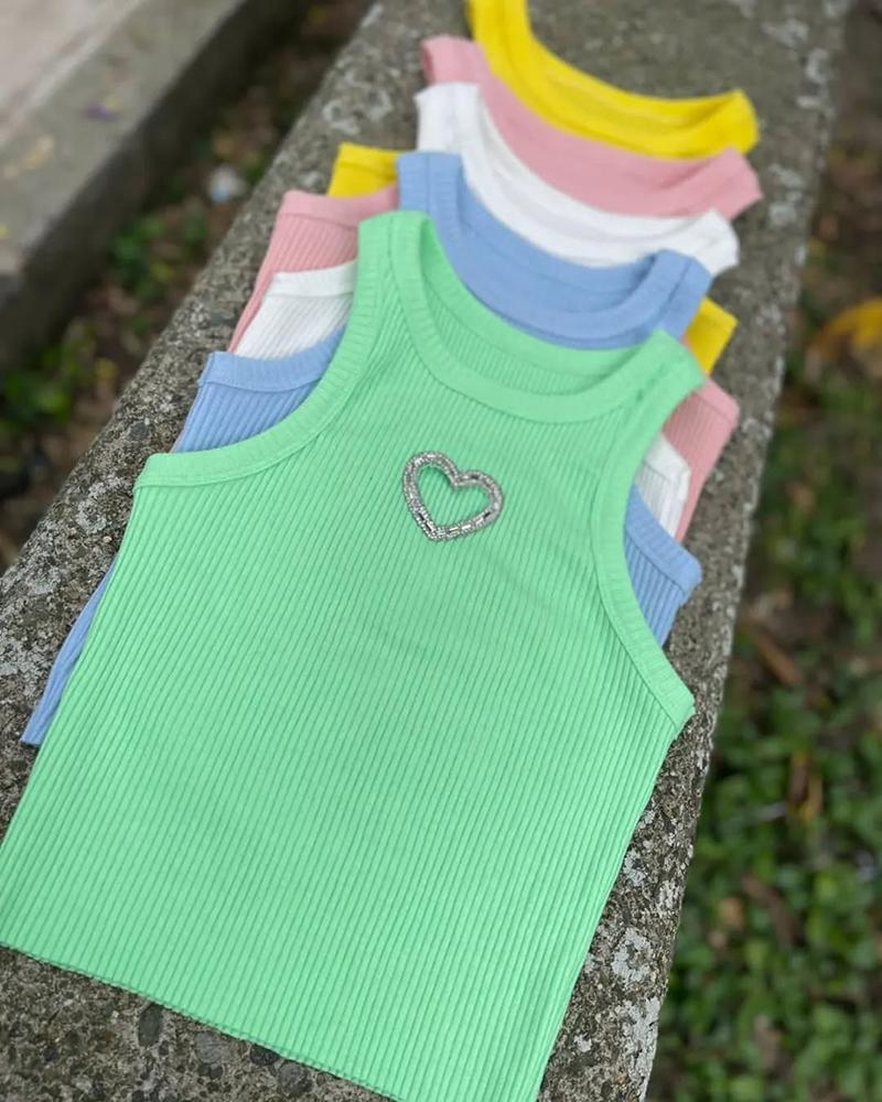 Rhinestone Heart Pattern Hollow out Sleeveless Tank Casual Slim Fit Knit Top