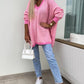 Pink Striped Scallop V Neck Loose Sweater with Slits