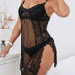 Split Hem Sheer Mesh Lace Babydoll With Thong