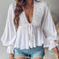 Tied Detail Lace Patch Lantern Sleeve Top