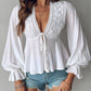 Tied Detail Lace Patch Lantern Sleeve Top