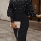 Beaded Decor Off Shoulder Lantern Sleeve Midi Dress