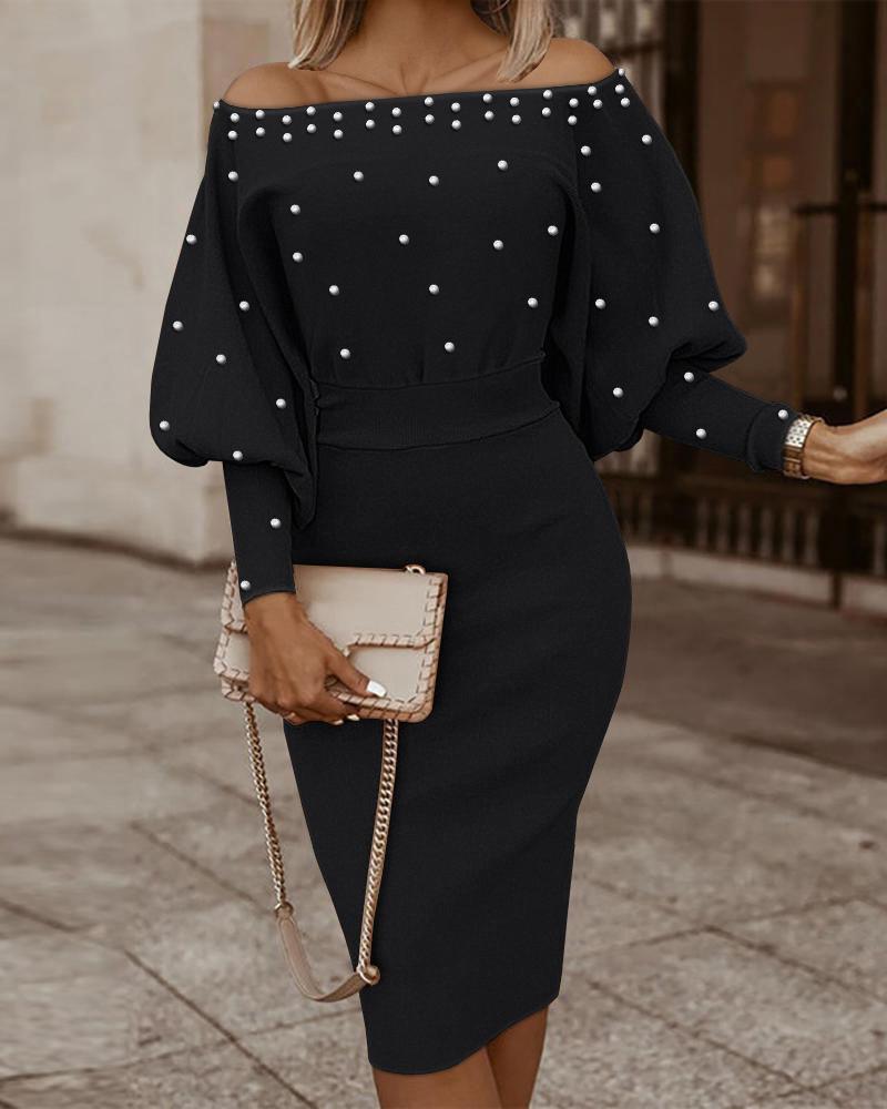 Beaded Decor Off Shoulder Lantern Sleeve Midi Dress