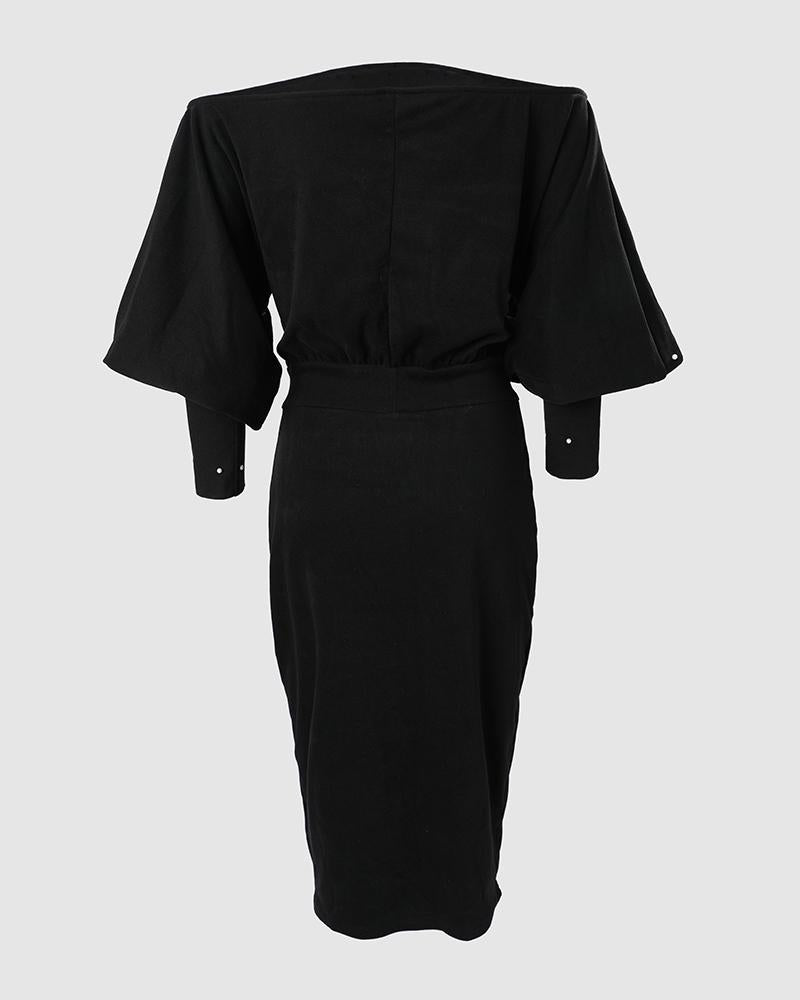 Beaded Decor Off Shoulder Lantern Sleeve Midi Dress