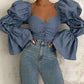 Button Detail Ruched Puff Bell Sleeve Top