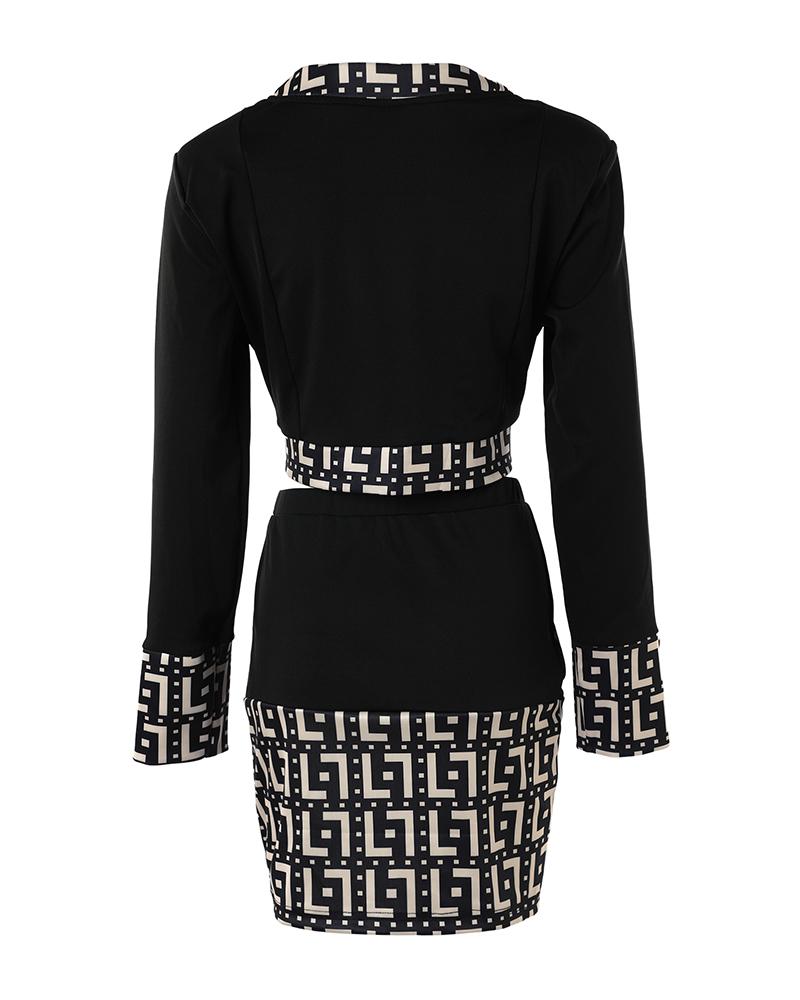 Geometric Print Long Sleeve Buttoned Coat & Skirt Set