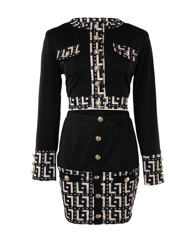 Geometric Print Long Sleeve Buttoned Coat & Skirt Set