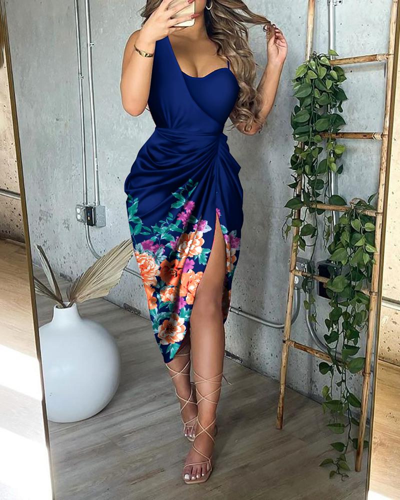 Floral Print Ruched High Slit Satin Dress