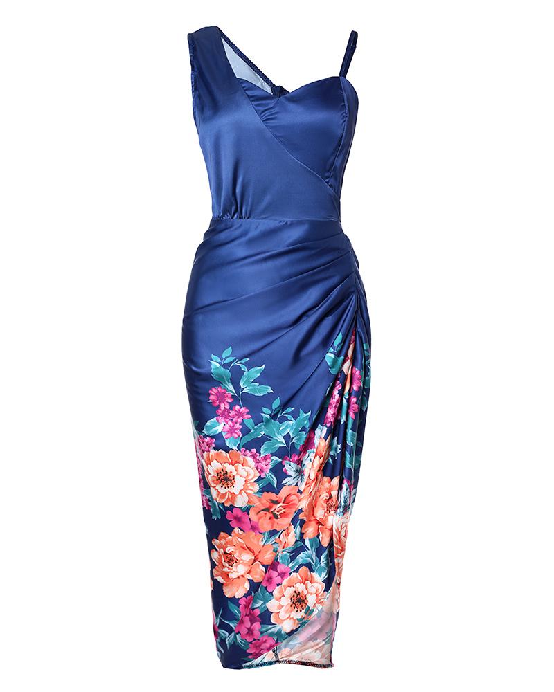 Floral Print Ruched High Slit Satin Dress