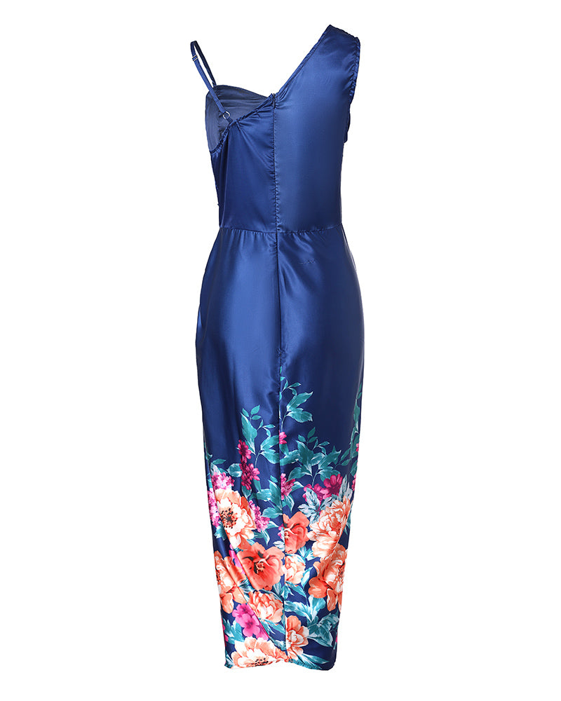 Floral Print Ruched High Slit Satin Dress