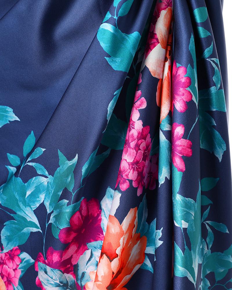 Floral Print Ruched High Slit Satin Dress