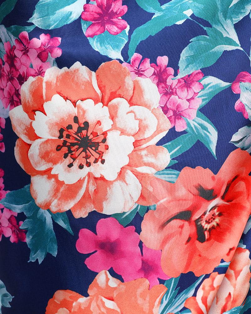 Floral Print Ruched High Slit Satin Dress