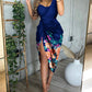 Floral Print Ruched High Slit Satin Dress