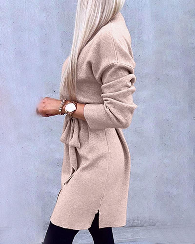 Mock Neck Tied Detail Slit Knit Sweater Dress