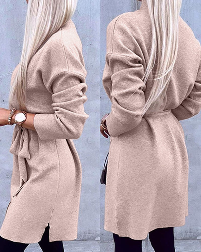 Mock Neck Tied Detail Slit Knit Sweater Dress