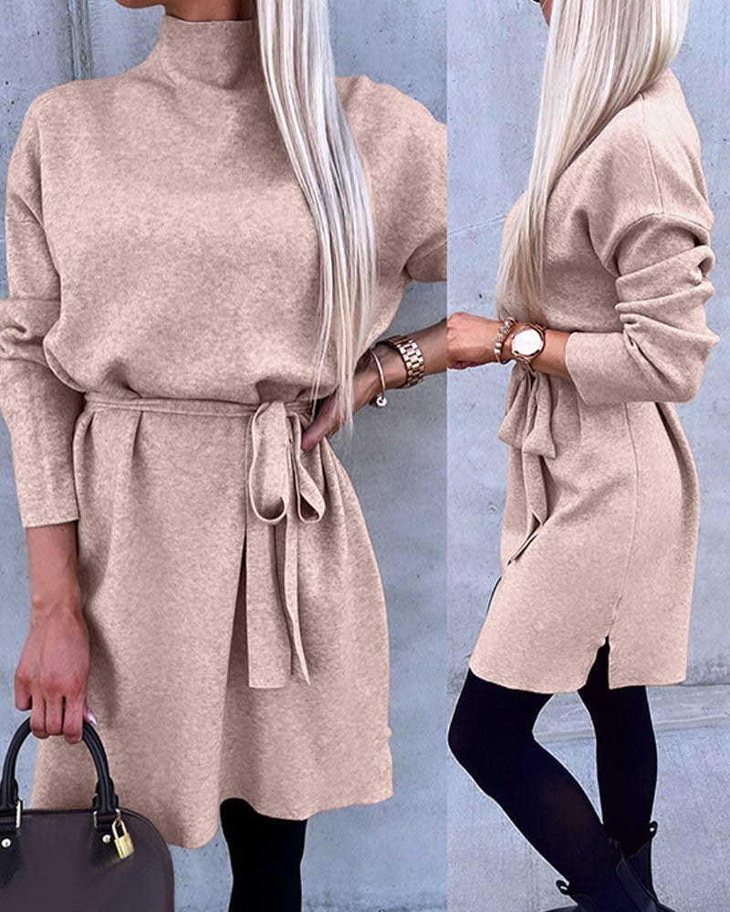 Mock Neck Tied Detail Slit Knit Sweater Dress