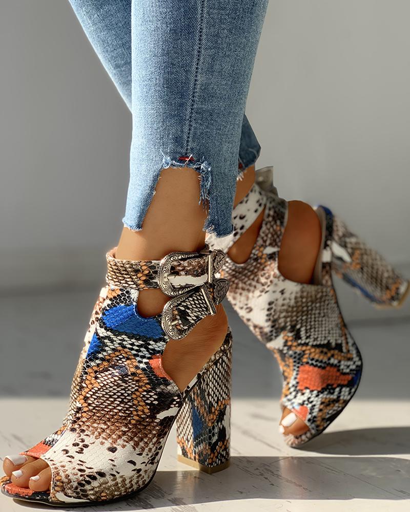 Snakeskin Ankle Buckled Chunky Heels