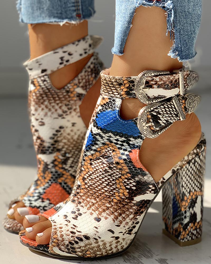 Snakeskin Ankle Buckled Chunky Heels