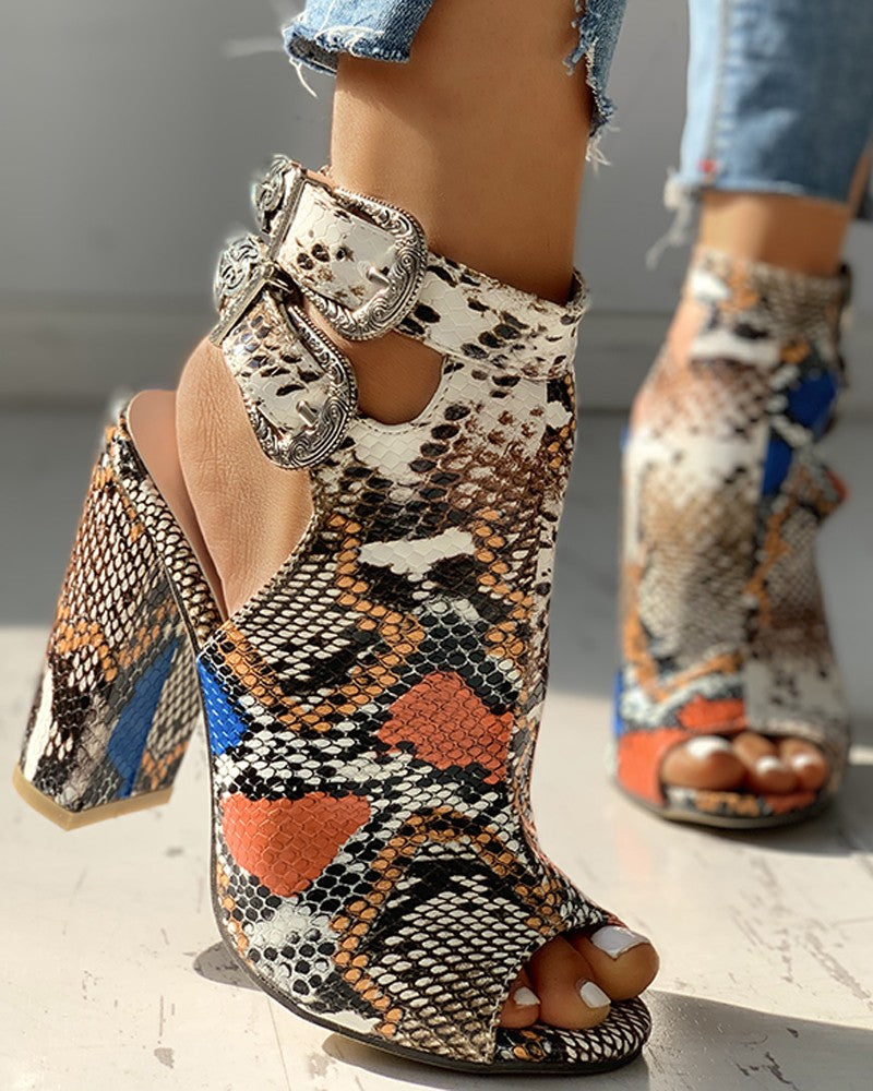 Snakeskin Ankle Buckled Chunky Heels