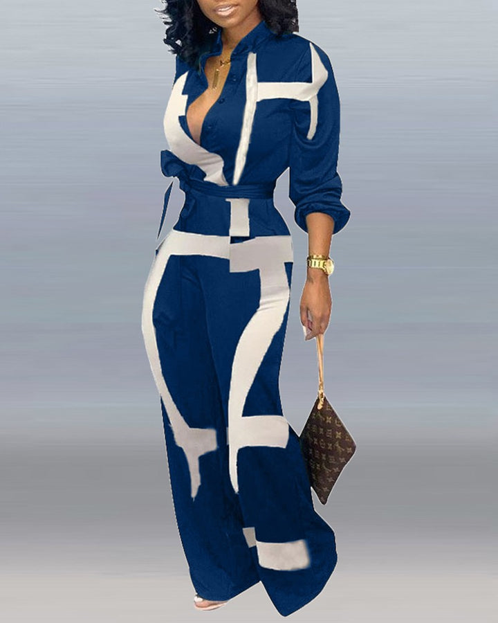 Abstract Print Pocket Decor Long Sleeve Jumpsuit With Belt