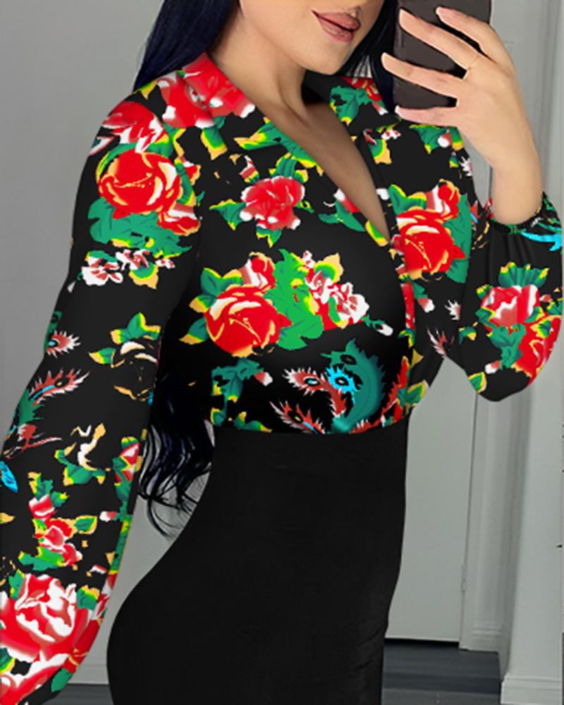 Floral Print Colorblock Lantern Sleeve Bodycon Dress