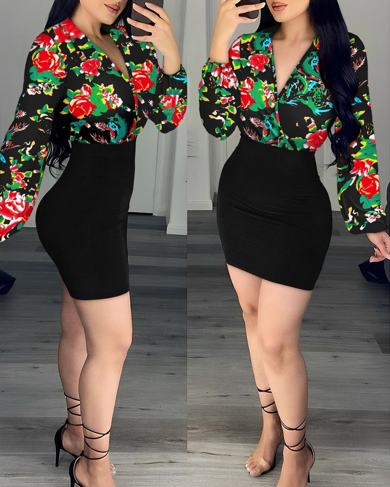 Floral Print Colorblock Lantern Sleeve Bodycon Dress