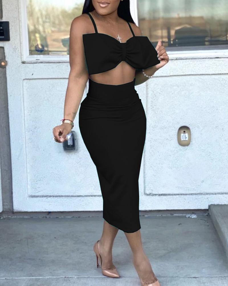 Bowknot Front Crop Top & Slit Maxi Skirt Set
